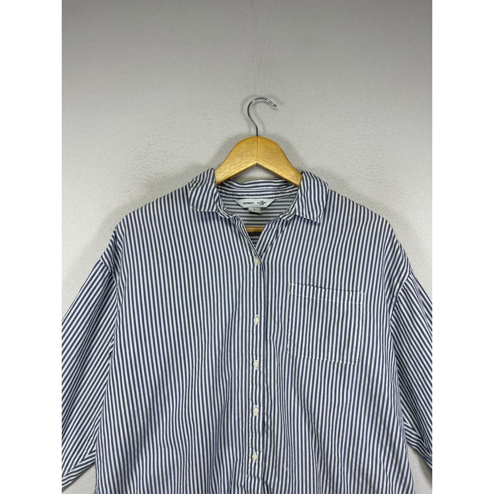 Coastal Preppy Old Navy Women S Blue White Striped Boyfriend Button Down Shirt - Picture 10 of 13